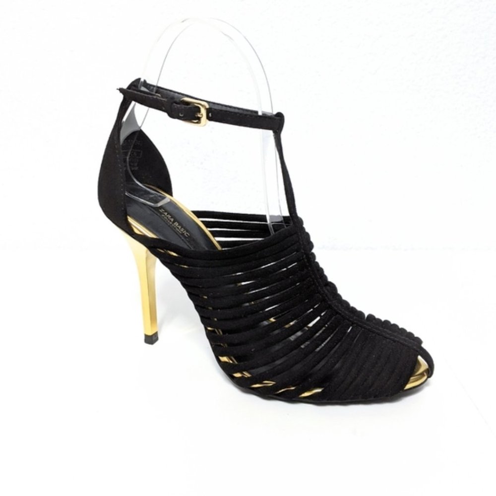 [ZARA] Strappy T-Strap Ankle Wrap Gold Heels 37